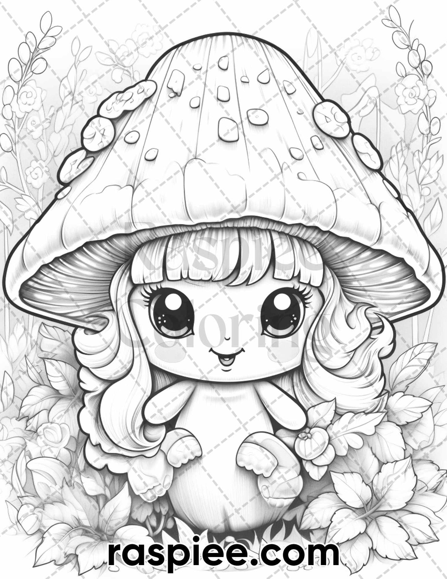 40 Kawaii Mushrooms Grayscale Coloring Pages for Adults, Printable PDF Instant Download