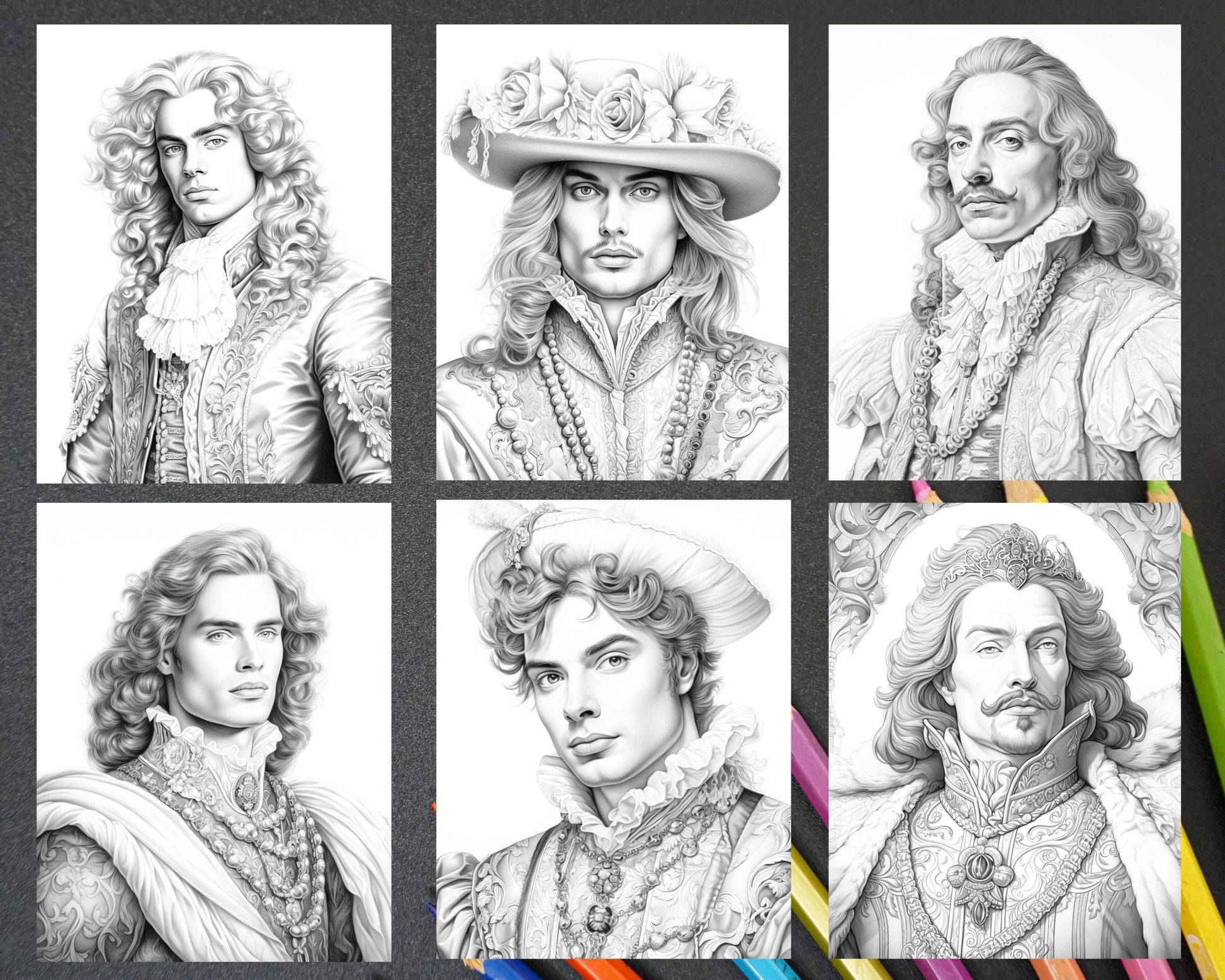 50 Baroque Man Portrait Grayscale Graysale Coloring Pages Printable for Adults, PDF File Instant Download