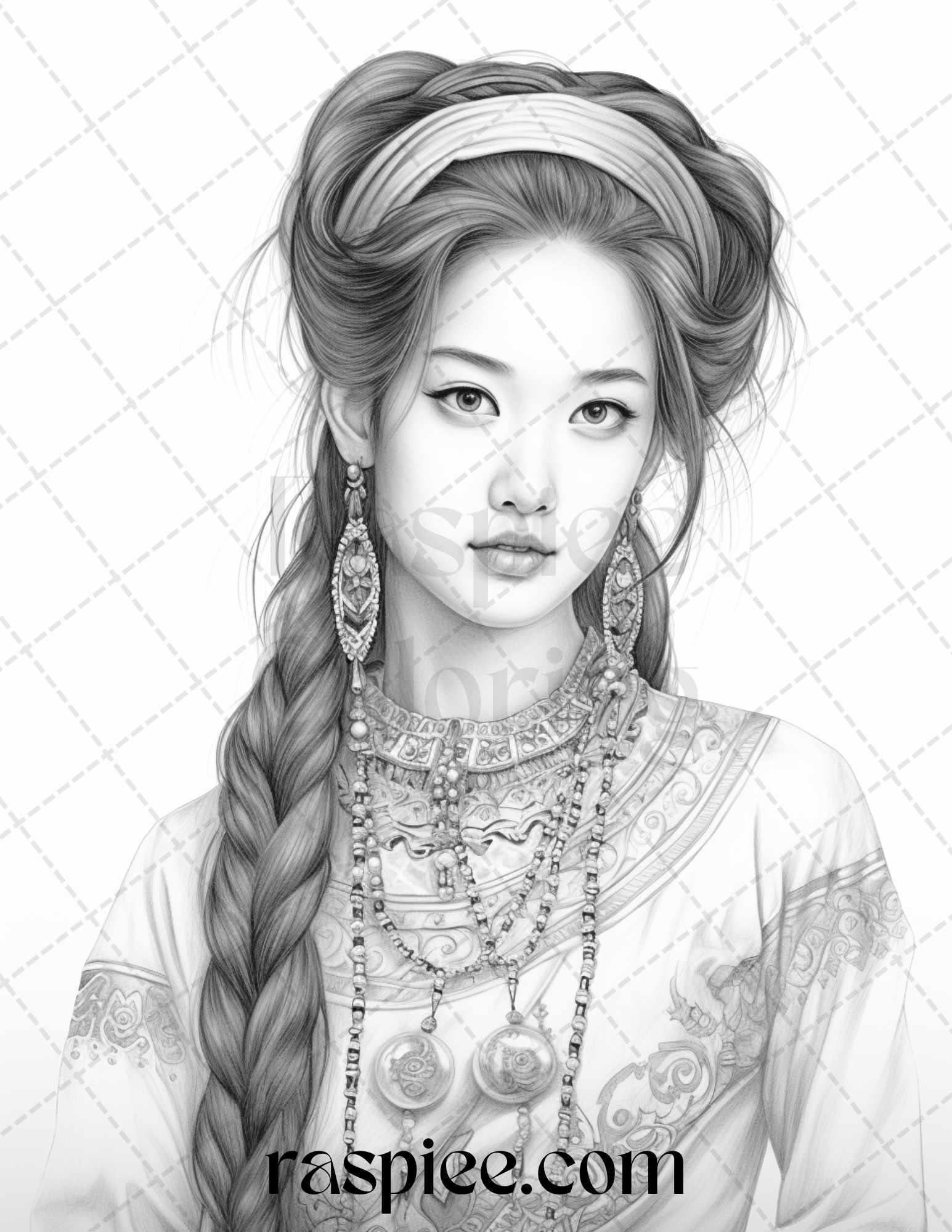 40 Beautiful Chinese Girls Grayscale Coloring Pages for Adults, Printable PDF File Instant Download