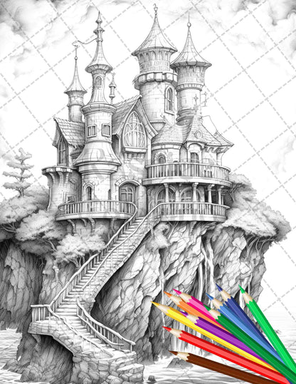 40 Creepy Gothic Houses Grayscale Coloring Pages Printable for Adults, PDF File Instant Download