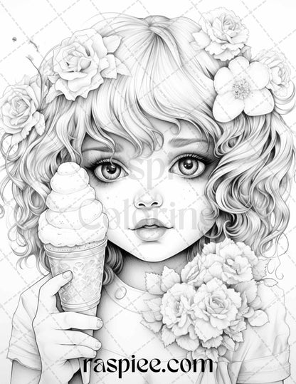 42 Adorable Girls with Ice Cream Grayscale Coloring Pages Printable for Adults Kids, PDF File Instant Download