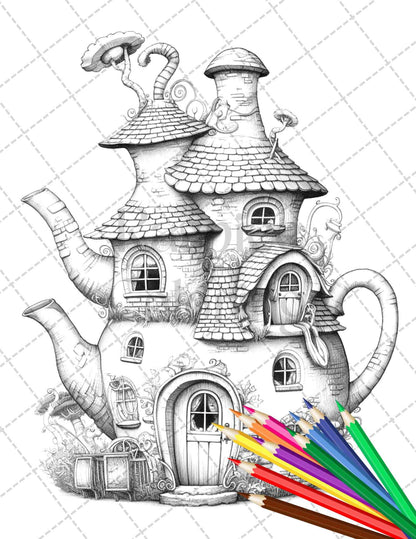 40 Teapot Fairy Houses Grayscale Coloring Pages Printable for Adults, PDF File Instant Download