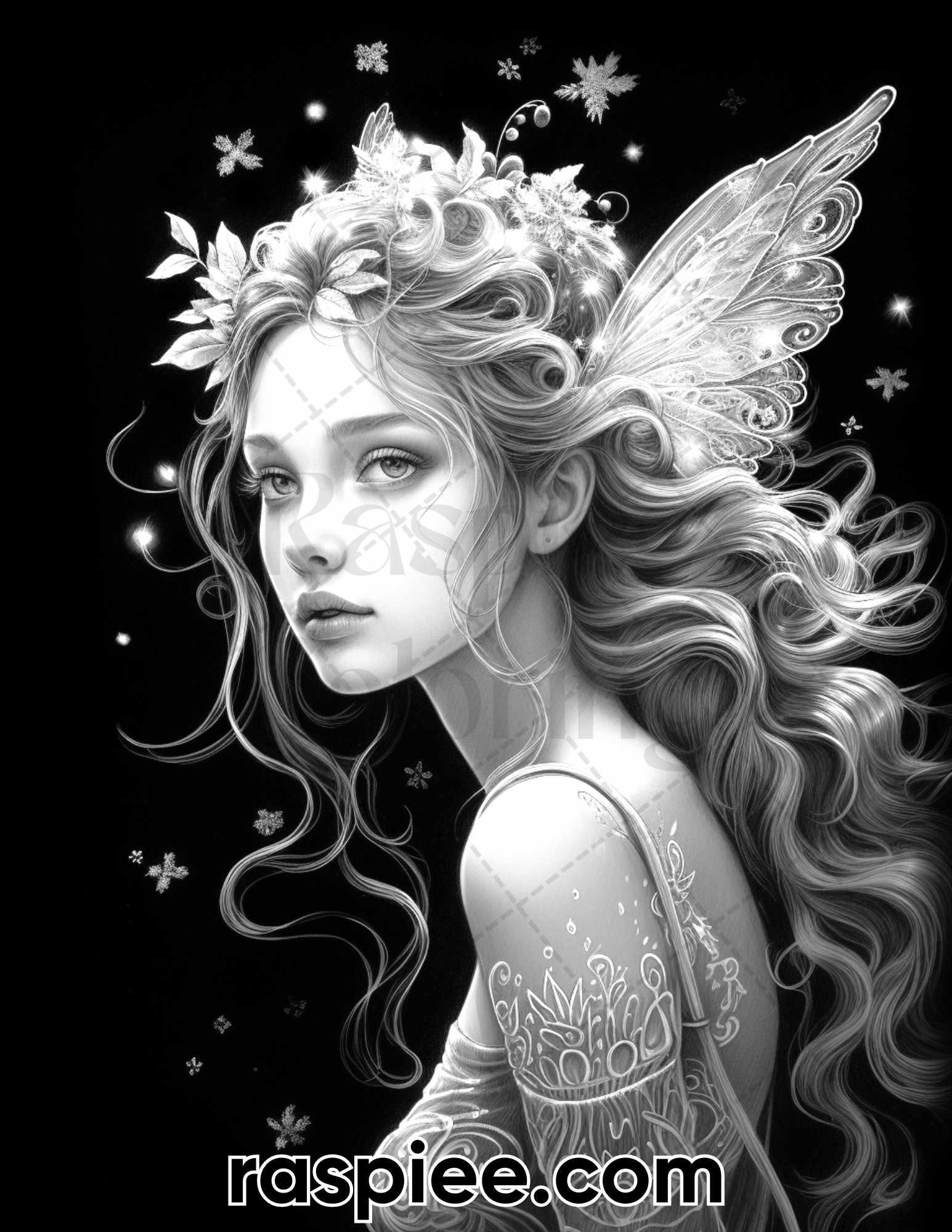 50 Starlight Fairy Grayscale Coloring Pages for Adults, Printable PDF File Instant Download