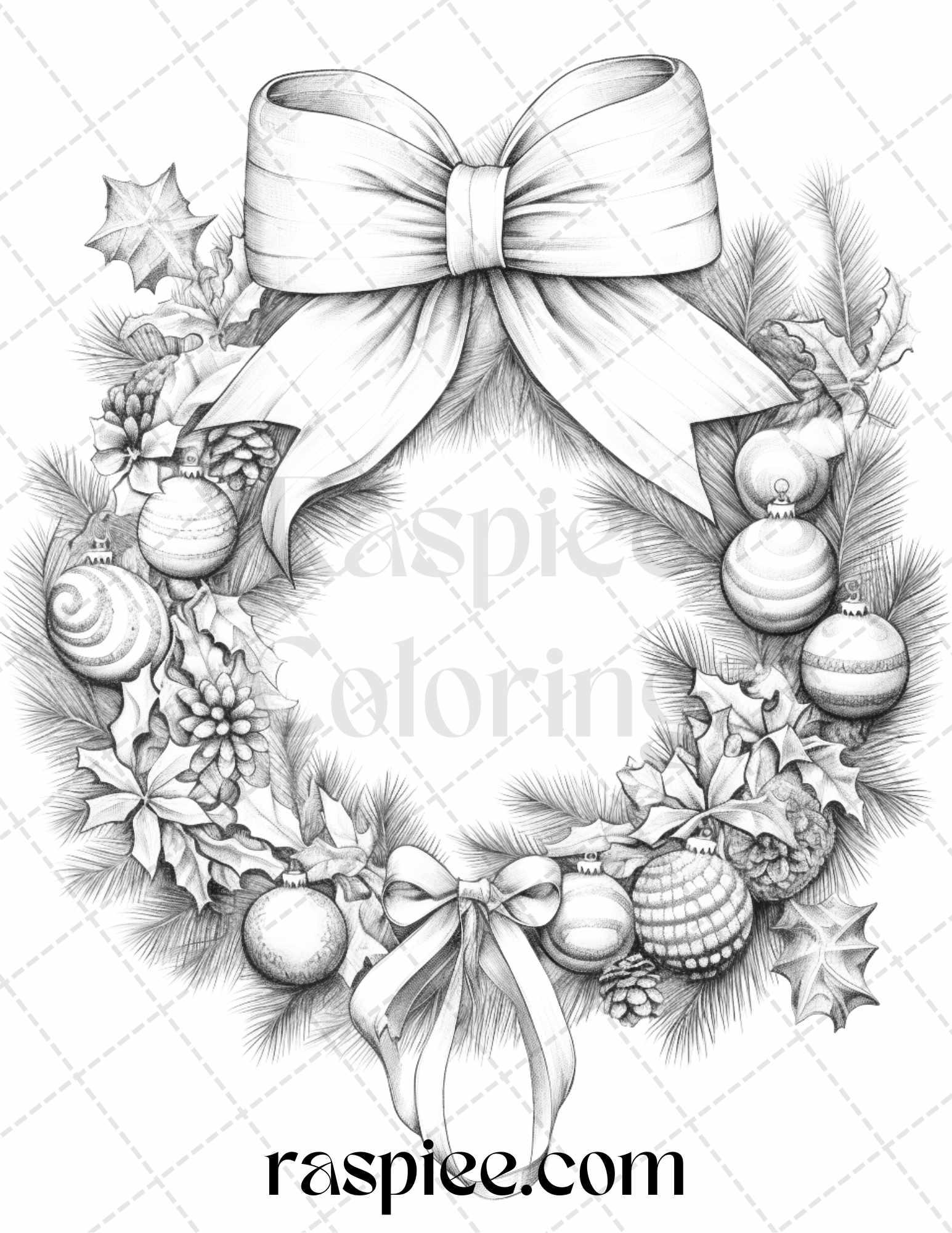 40 Christmas Wreath Grayscale Coloring Pages Printable for Adults, PDF File Instant Download