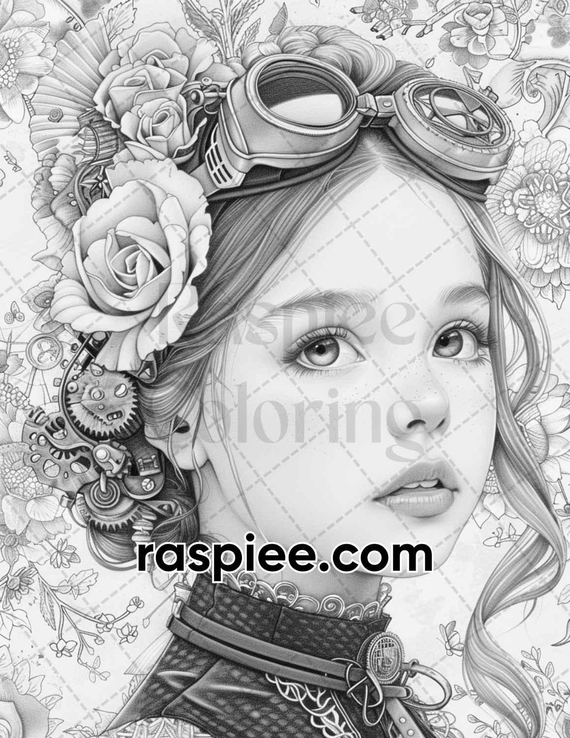 65 Gothic Steampunk Girls Grayscale Adult Coloring Pages, Printable PDF Instant Download