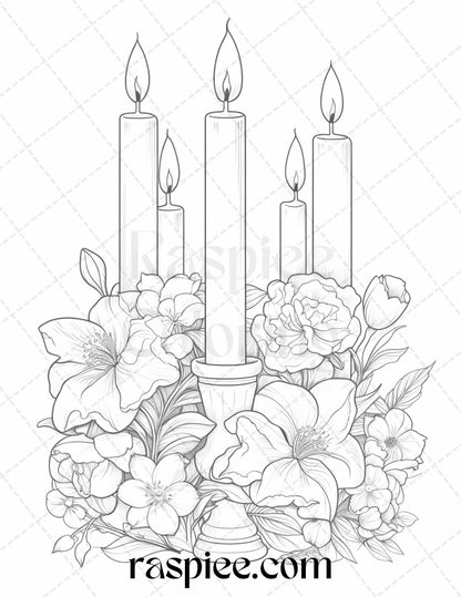 40 Flower Candles Grayscale Coloring Pages Printable for Adults, PDF File Instant Download