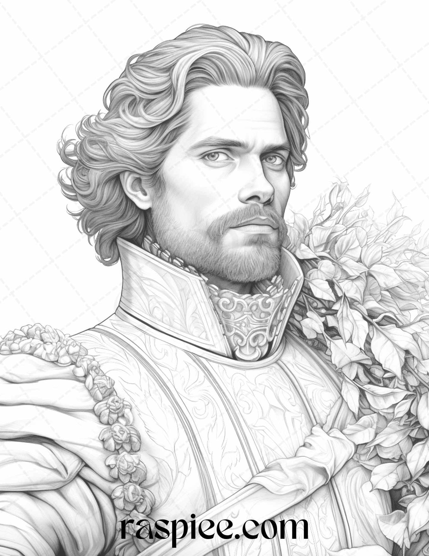 50 Baroque Man Portrait Grayscale Graysale Coloring Pages Printable for Adults, PDF File Instant Download