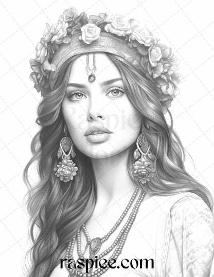 40 Beautiful Gypsy Girls Grayscale Coloring Pages Printable for Adults, PDF File Instant Download