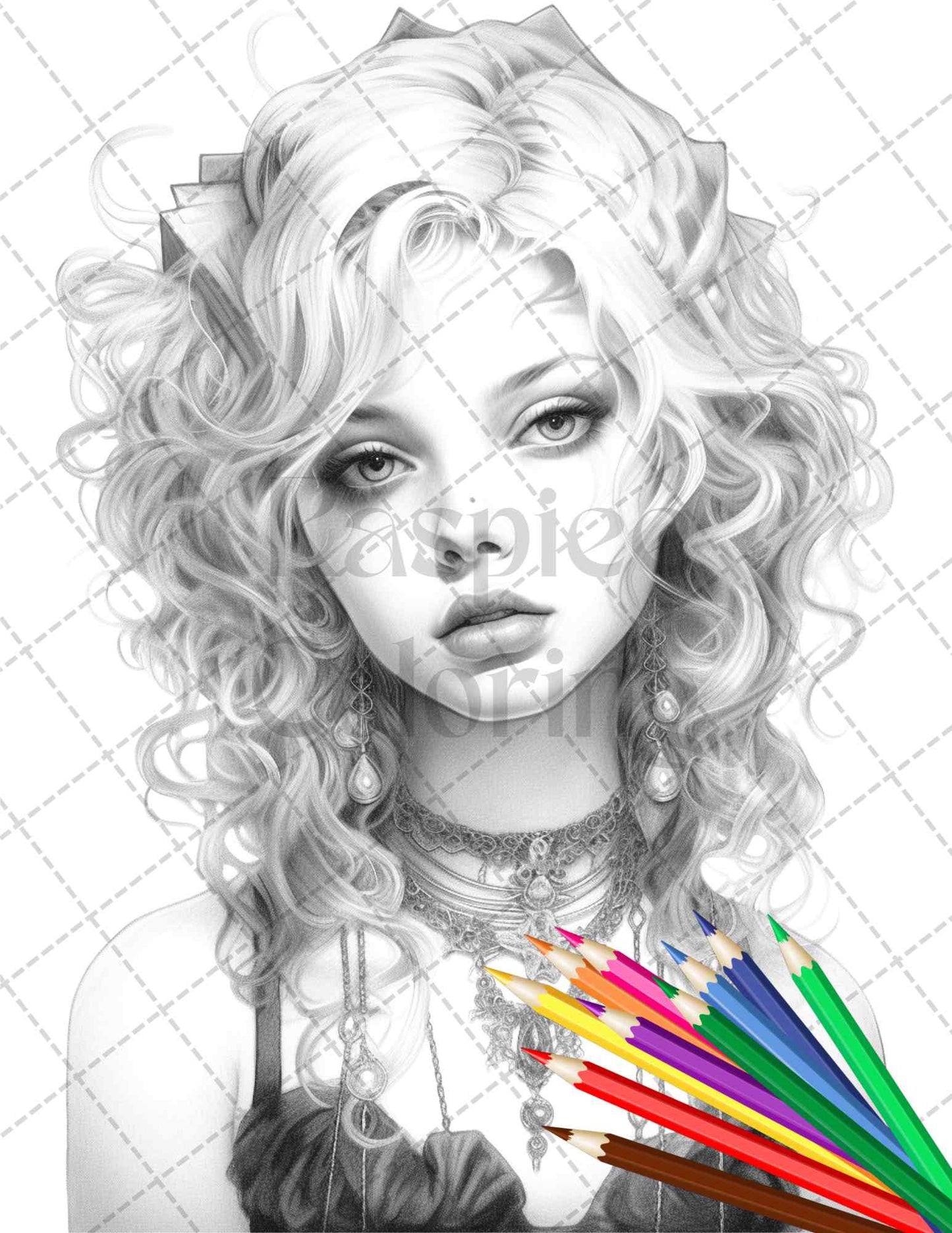 40 Beautiful Gothic Girls Grayscale Coloring Pages Printable for Adults, PDF File Instant Download