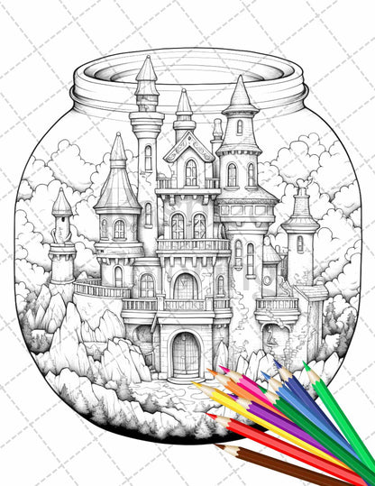 42 Fantasy Castle In Jar Grayscale Coloring Pages Printable for Adults, PDF File Instant Download