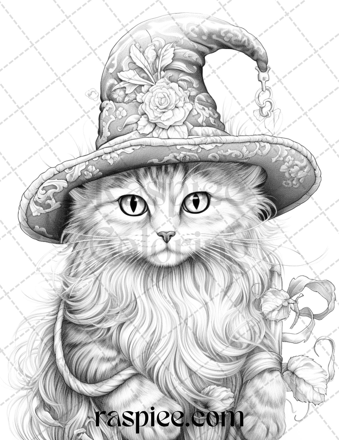 40 Halloween Witch Cat Grayscale Coloring Pages Printable for Adults, PDF File Instant Download