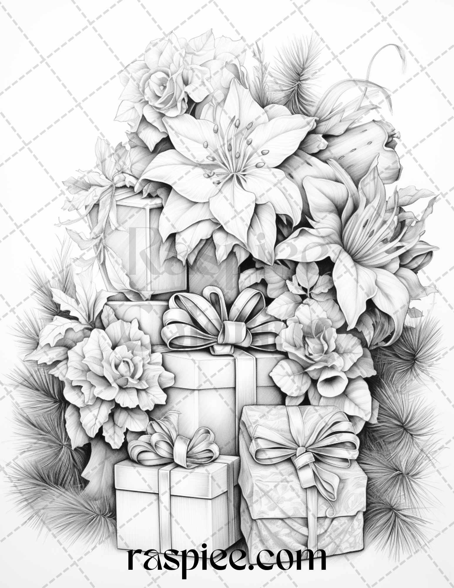 45 Christmas Flowers Grayscale Coloring Pages Printable for Adults, PDF File Instant Download