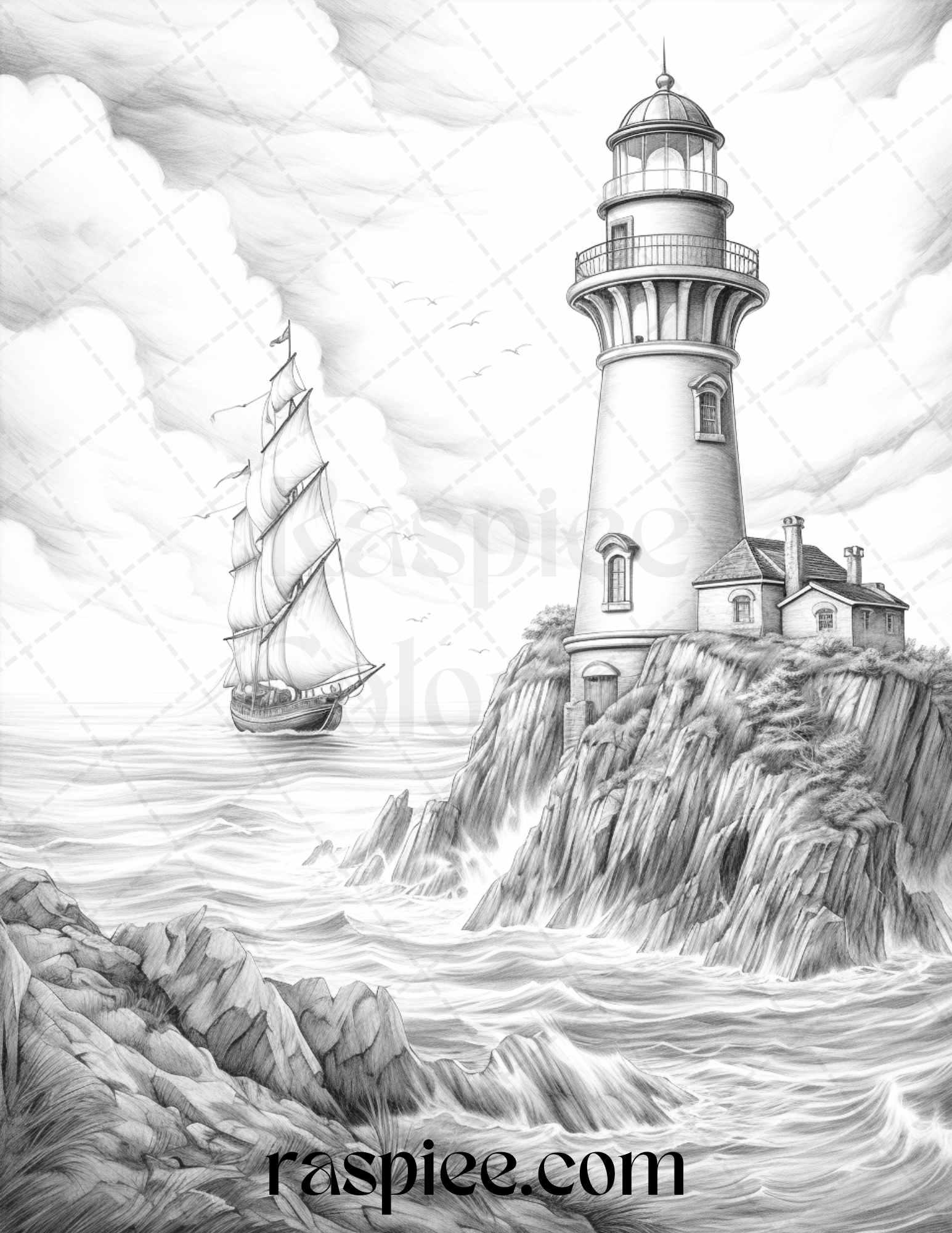 40 Majestic Lighthouses Grayscale Coloring Pages Printable for Adults, PDF File Instant Download