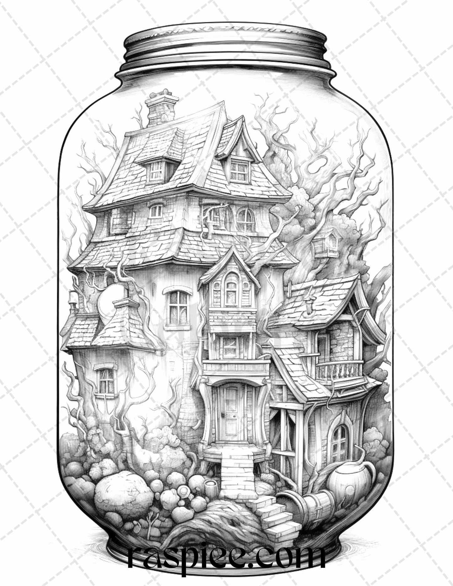 40 Halloween in Jar Grayscale Coloring Pages for Adults, Printable PDF File Instant Download