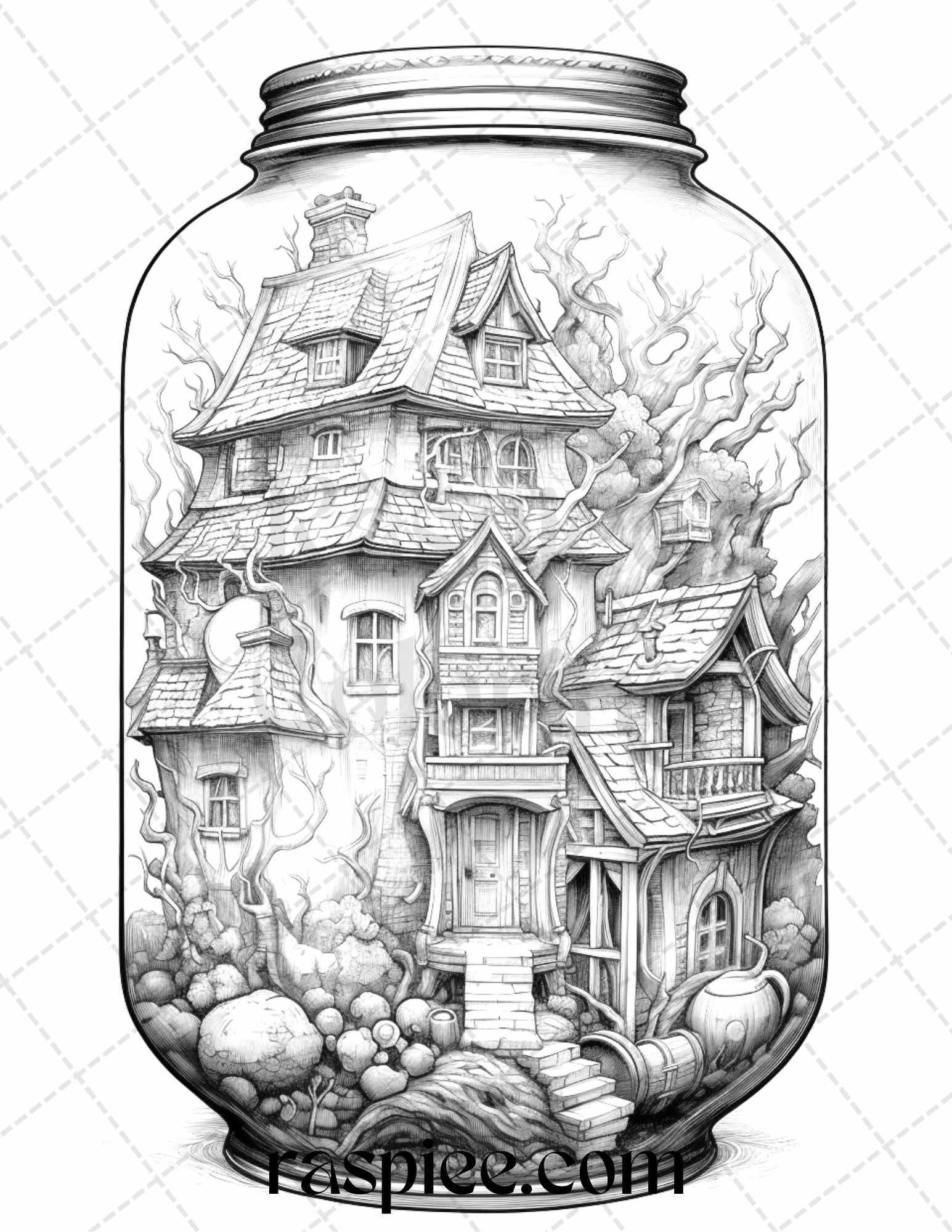 40 Halloween in Jar Grayscale Coloring Pages for Adults, Printable PDF File Instant Download