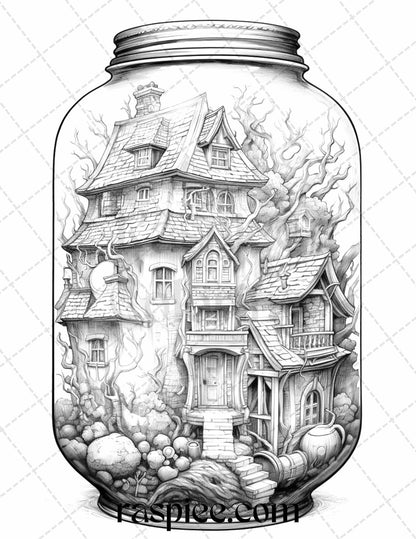 40 Halloween in Jar Grayscale Coloring Pages for Adults, Printable PDF File Instant Download