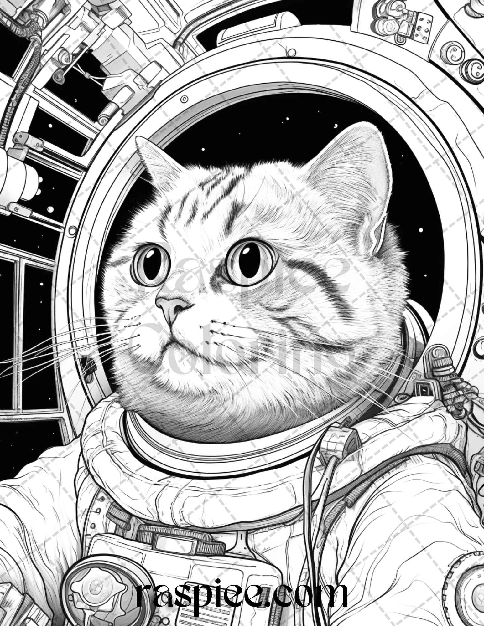 40 Cat Astronaut Grayscale Coloring Pages Printable for Adults Kids, PDF File Instant Download