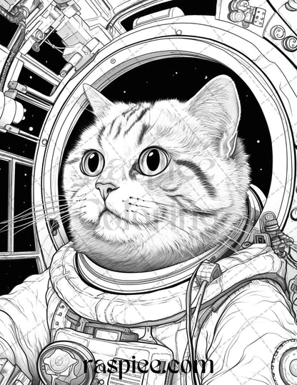 40 Cat Astronaut Grayscale Coloring Pages Printable for Adults Kids, PDF File Instant Download