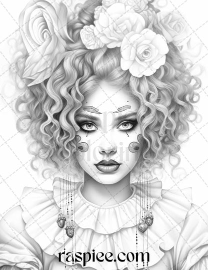 42 Beautiful Clown Girls Grayscale Coloring Pages Printable for Adults, PDF File Instant Download