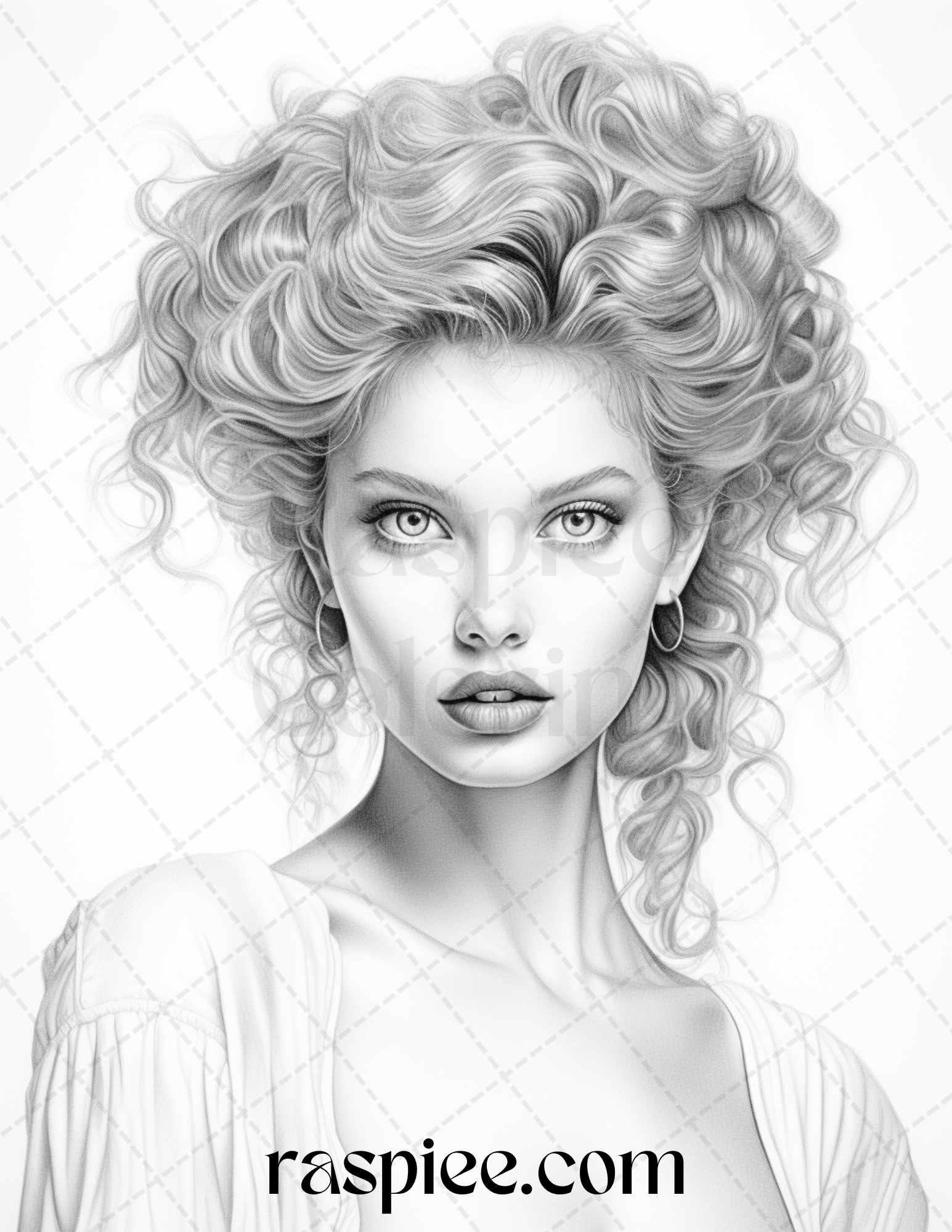 1980s Retro Beautiful Women Grayscale Coloring Pages for Adults, PDF File Instant Download