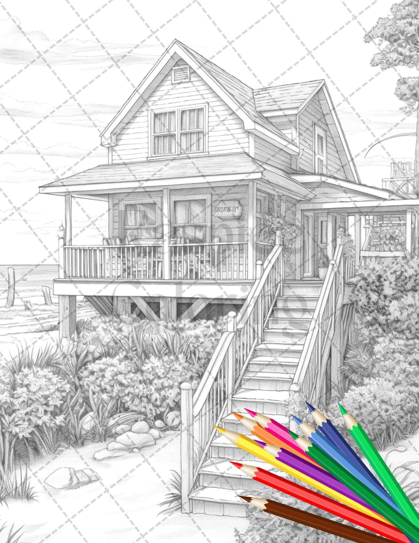 42 Wooden Beach Houses Grayscale Coloring Pages Printable for Adults, PDF File Instant Download