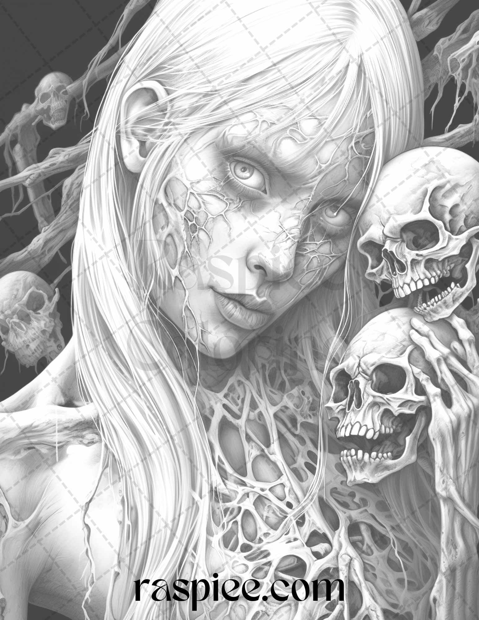 40 Scary Zombie Girls Grayscale Coloring Pages Printable for Adults, PDF File Instant Download