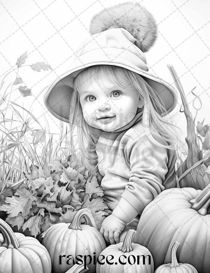 40 Pumpkin Babies Grayscale Coloring Pages for Adults and Kids, Printable PDF File Instant Download