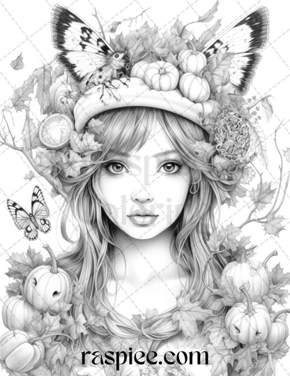 40 Pumpkin Fairy Girls Grayscale Coloring Pages Printable for Adults, PDF File Instant Download