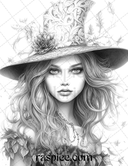 40 Beautiful Witches Grayscale Coloring Pages Printable for Adults, PDF File Instant Download