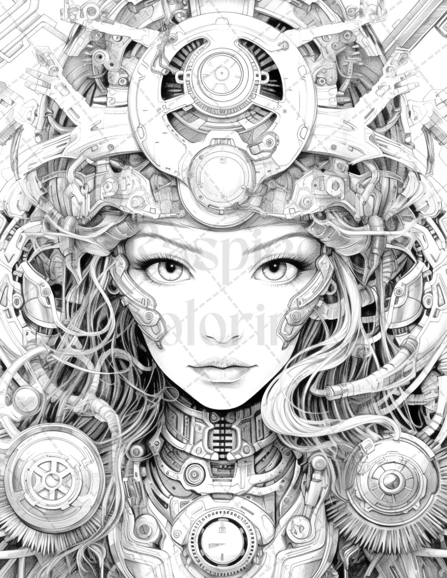 40 Beautiful Cyborg Girls Grayscale Coloring Pages Printable for Adults, PDF File Instant Download