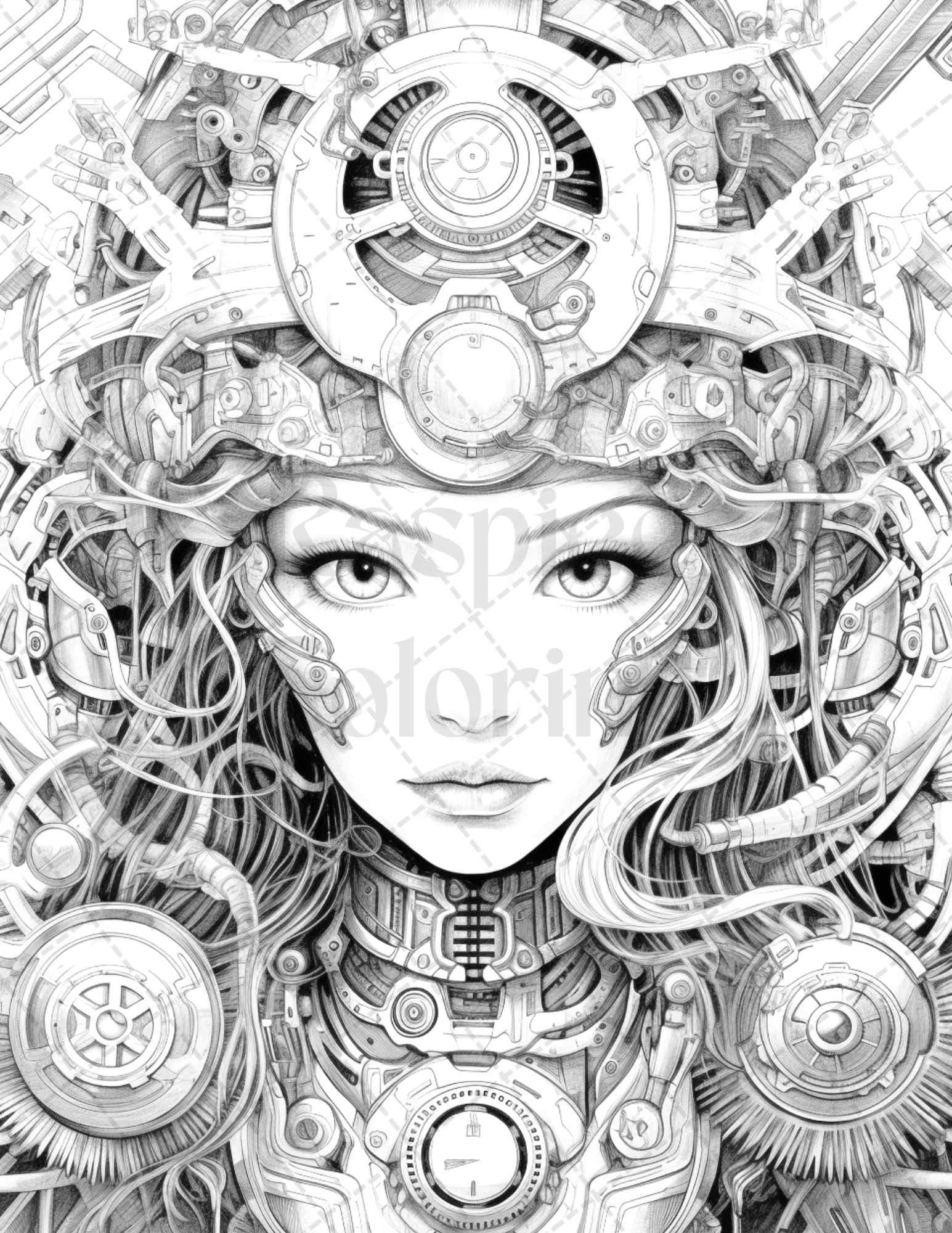 40 Beautiful Cyborg Girls Grayscale Coloring Pages Printable for Adults, PDF File Instant Download