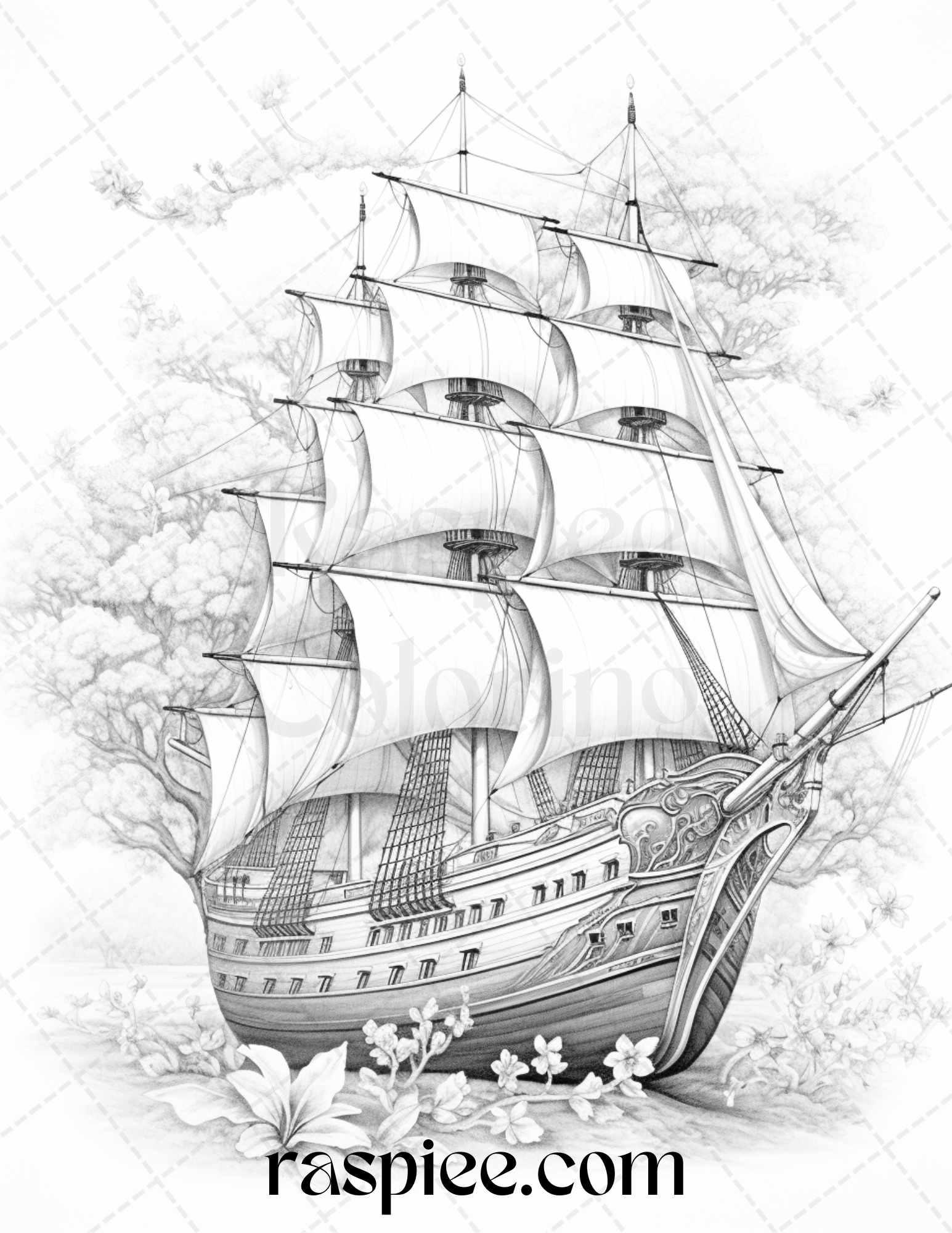 44 Flower Ships Graysale Coloring Pages Printable for Adults, PDF File Instant Download