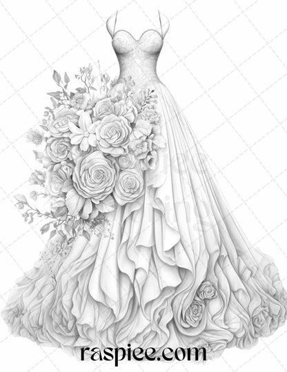 40 Elegant Floral Wedding Dresses Grayscale Coloring Pages Printable for Adults, PDF File Instant Download