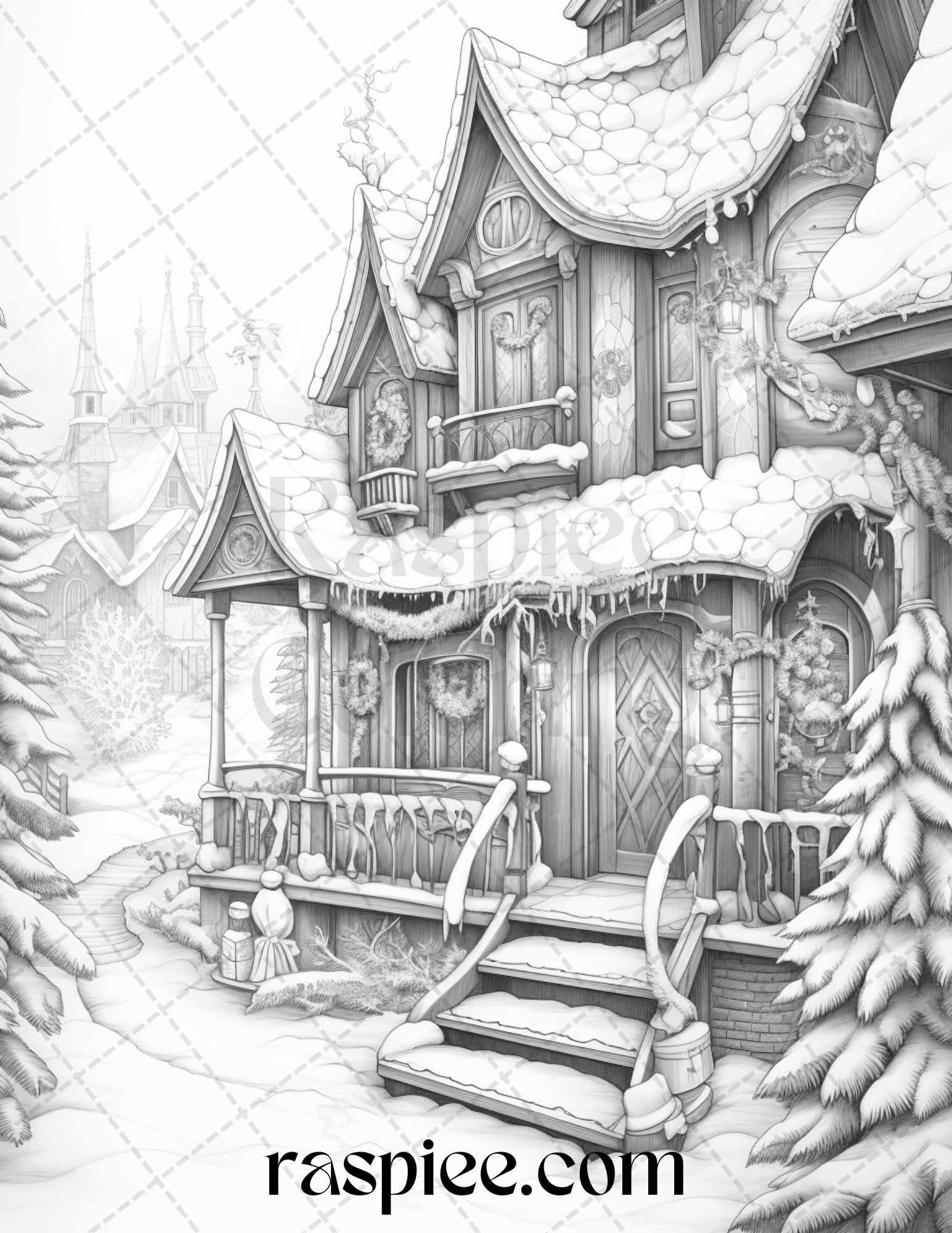 42 Fantasy Christmas Houses Grayscale Coloring Pages Printable for Adults, PDF File Instant Download