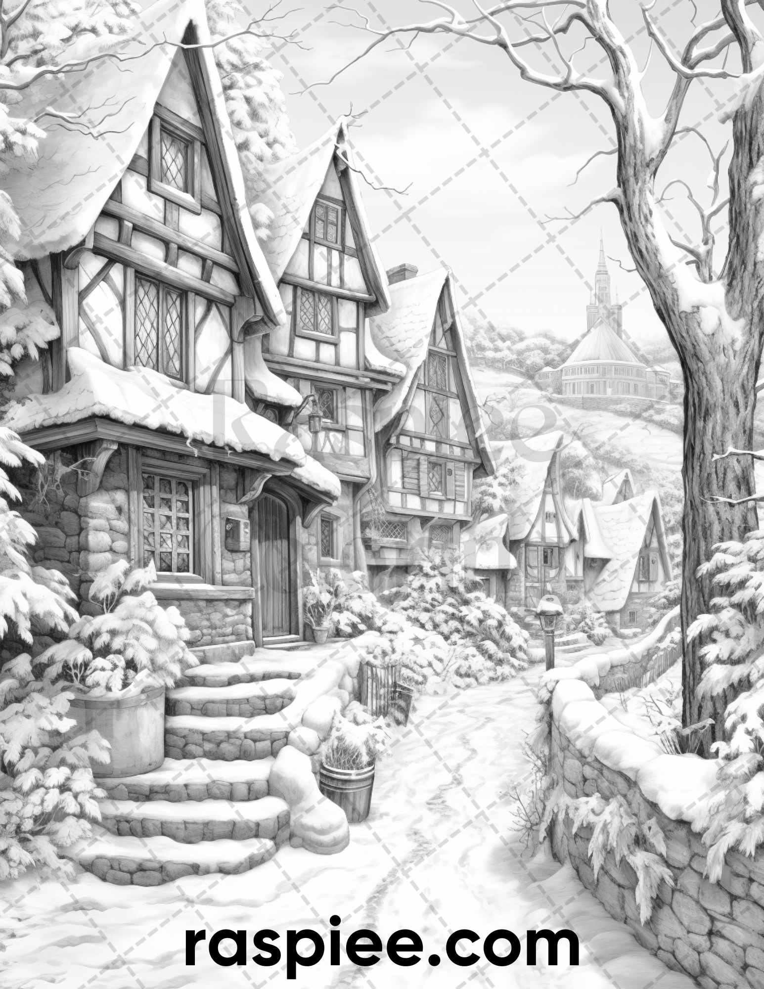 40 Fantasy Winter Village Grayscale Coloring Pages for Adults, PDF File Instant Download