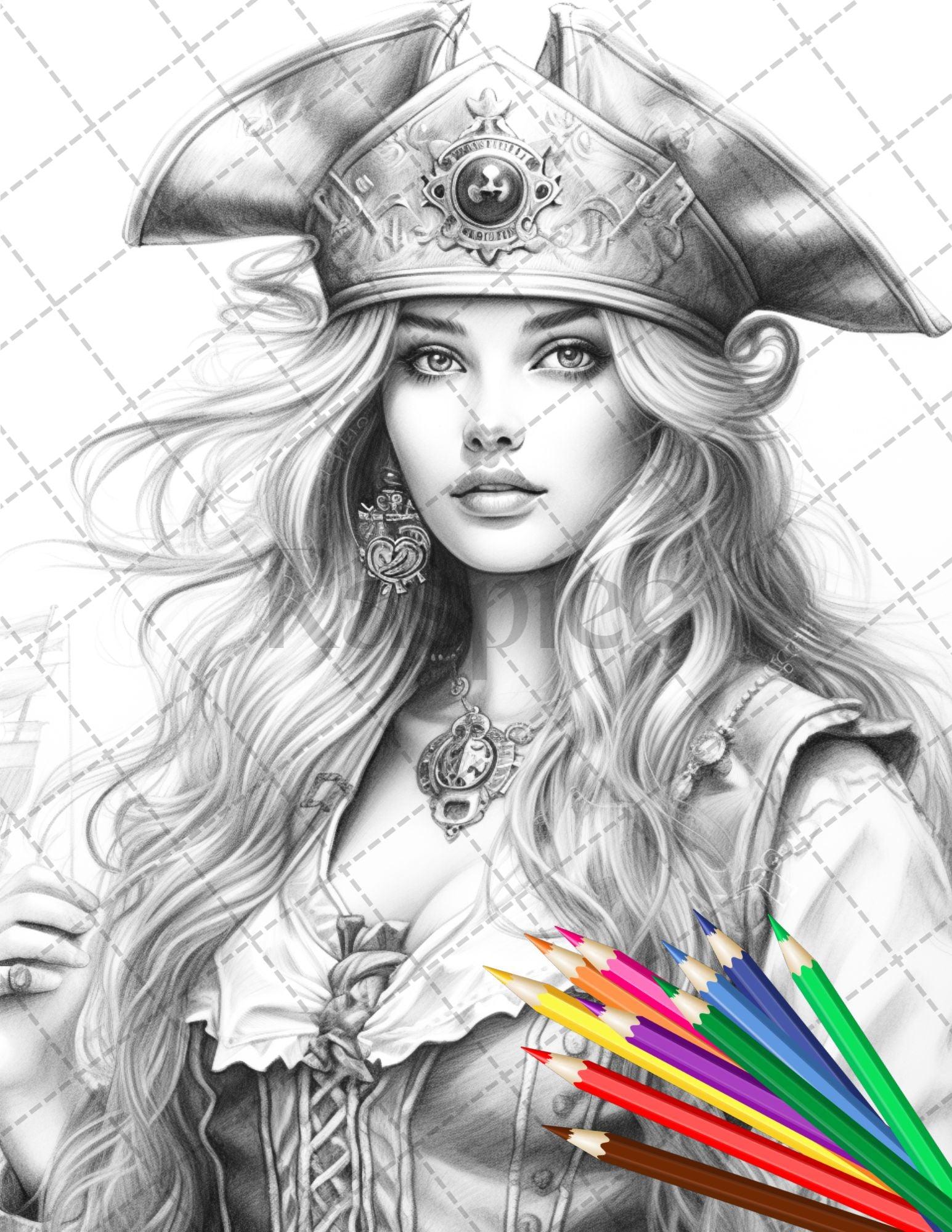 48 Beautiful Pirate Princess Coloring Book Printable for Adults, Grayscale Coloring Page, PDF File Instant Download