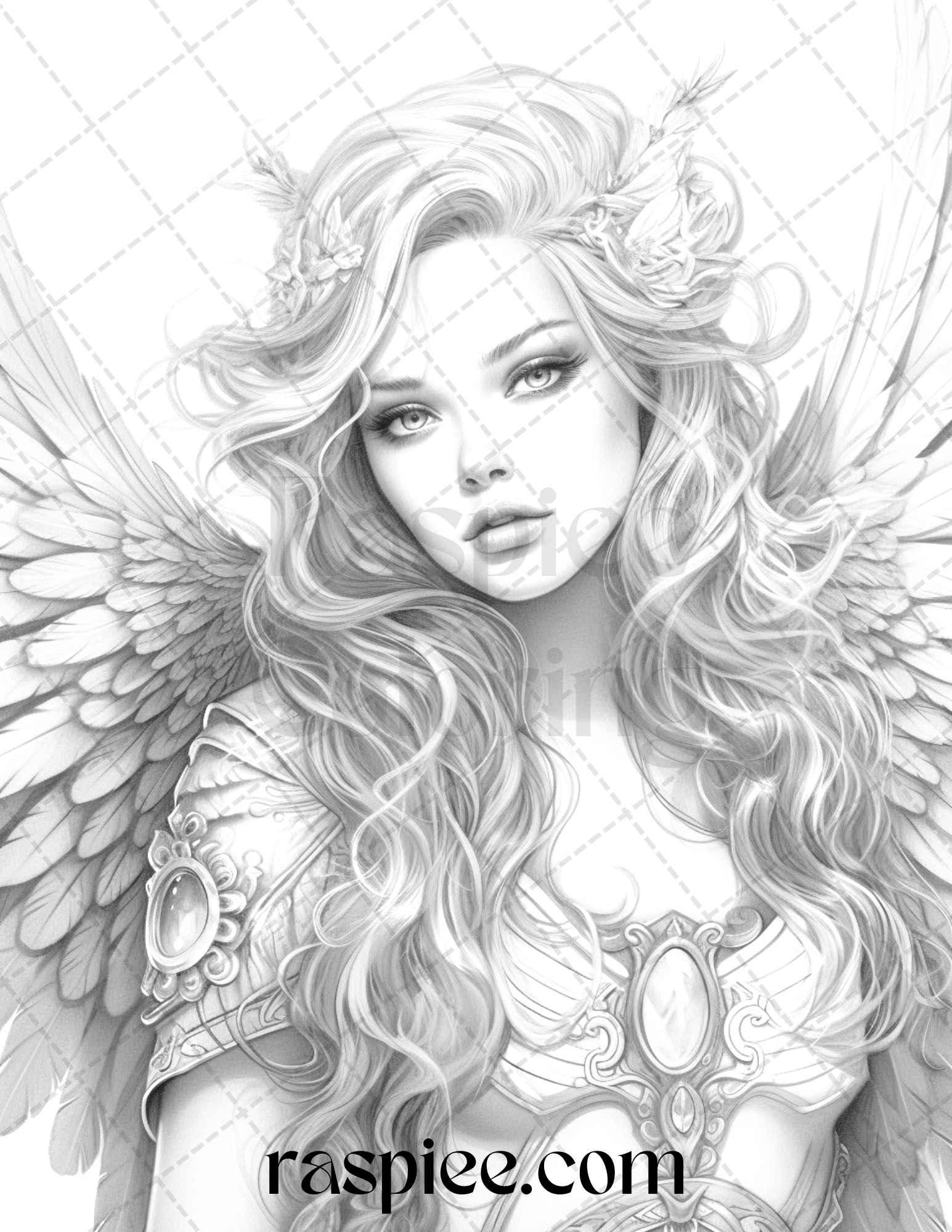 42 Enchanting Angels Grayscale Coloring Pages Printable for Adults, PDF File Instant Download