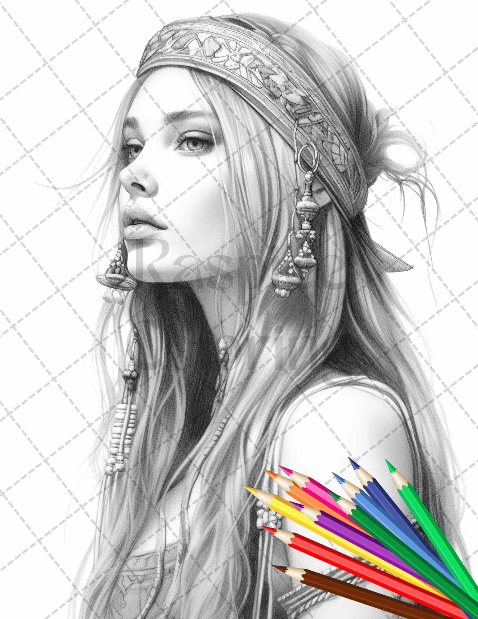 43 Beautiful Hippie Girls Grayscale Coloring Pages Printable for Adults, PDF File Instant Download