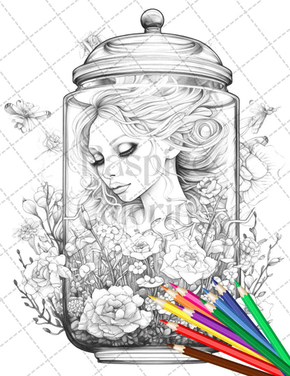 40 Beautiful Fairies in Jar Grayscale Coloring Pages Printable for Adults, PDF File Instant Download