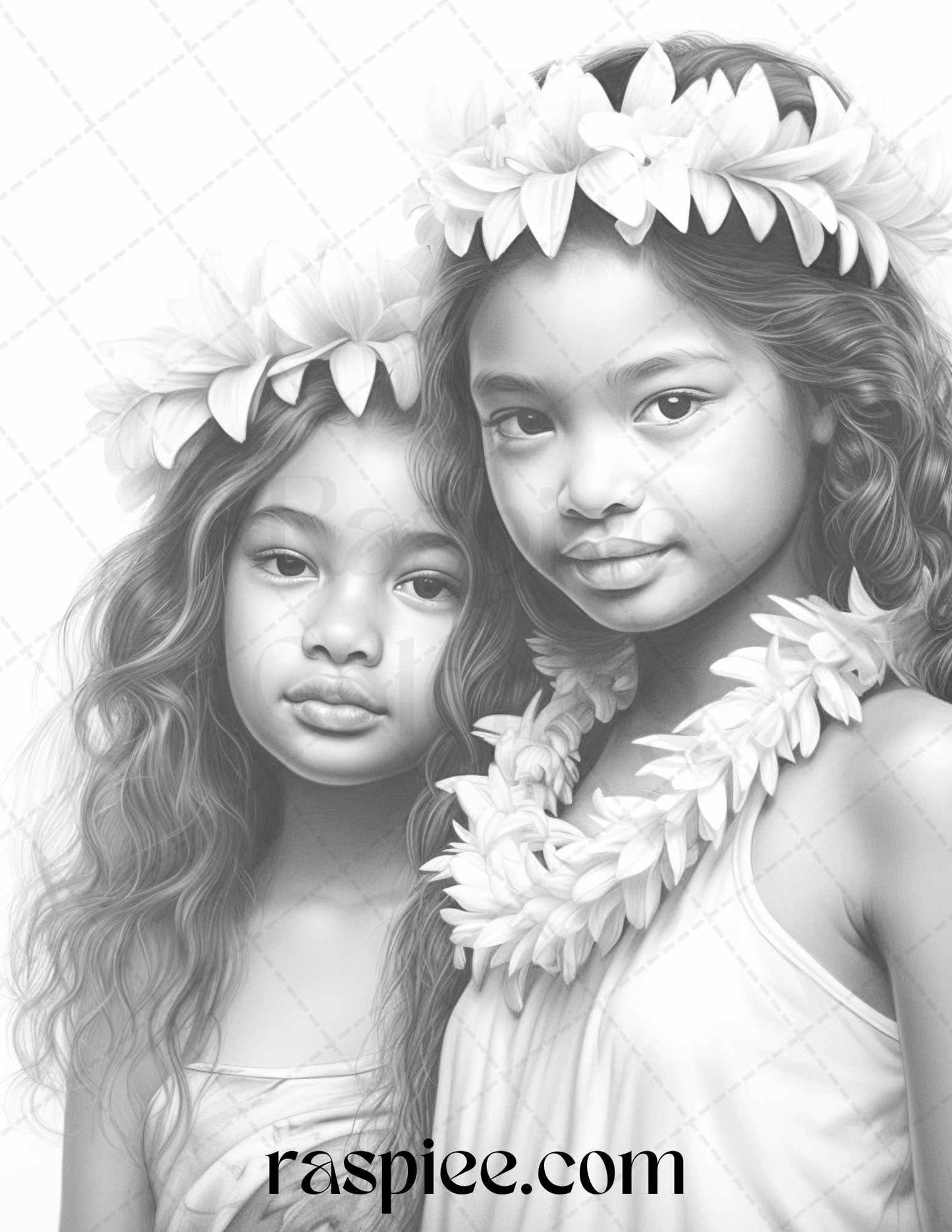 40 Hawaiian Girls Grayscale Coloring Pages Printable for Adults, PDF File Instant Download