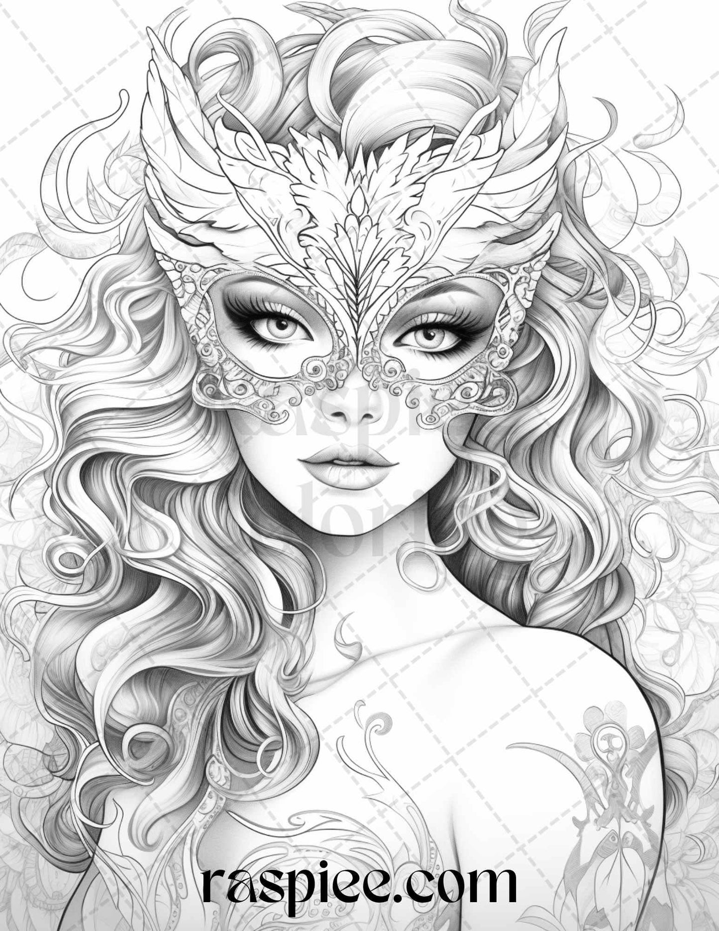 40 Masquerade Girls Grayscale Coloring Pages Printable for Adults, PDF File Instant Download