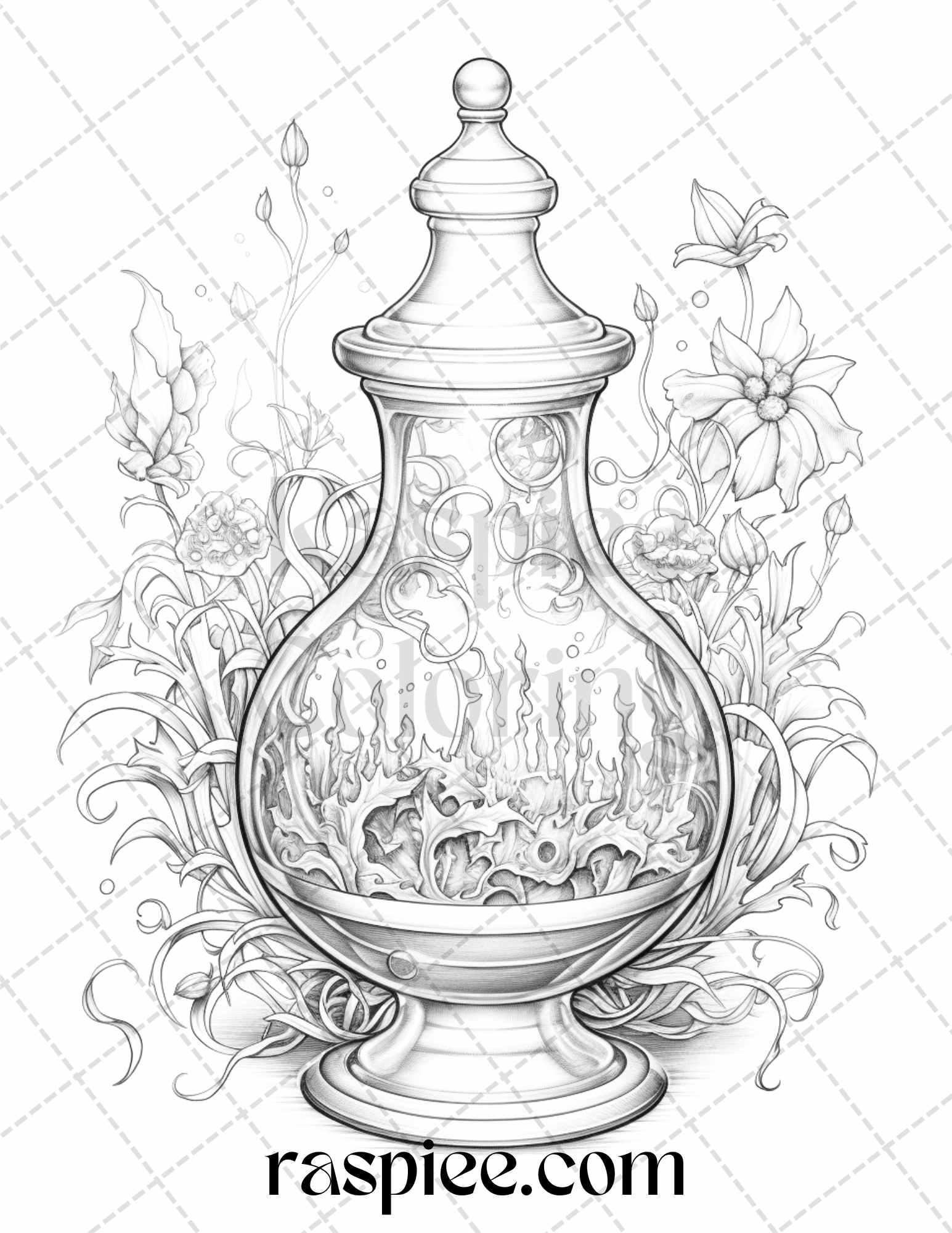 40 Mystical Magic Potions Grayscale Coloring Pages Printable for Adults, PDF File Instant Download