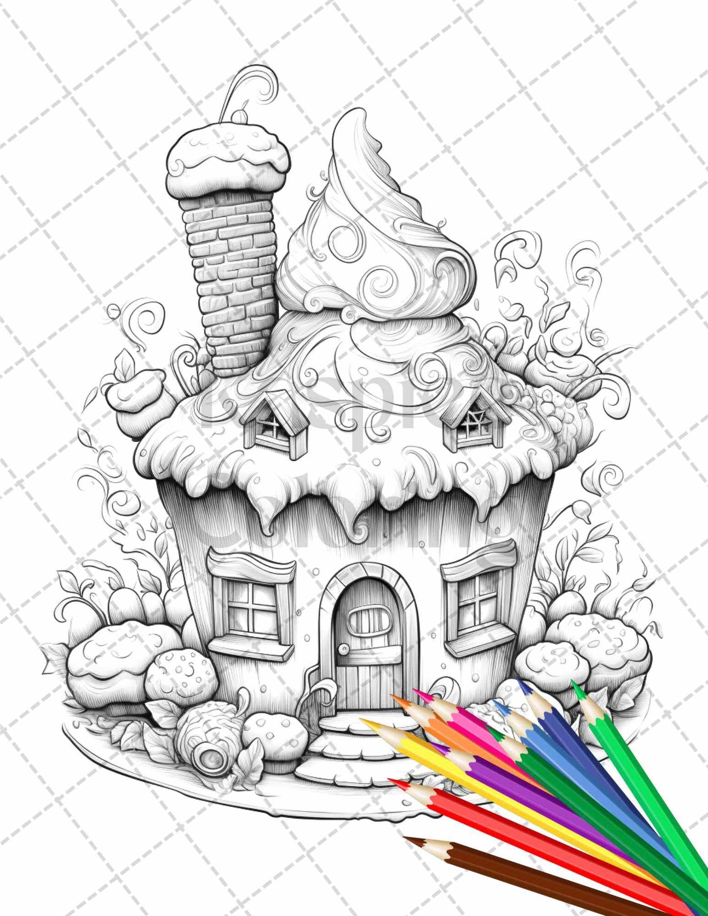 50 Adorable Cake Houses Grayscale Coloring Pages Printable for Adults and Kids, PDF File Instant Download