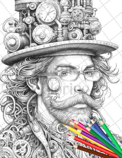 42 Steampunk Mens Grayscale Coloring Pages Printable for Adults, PDF File Instant Download