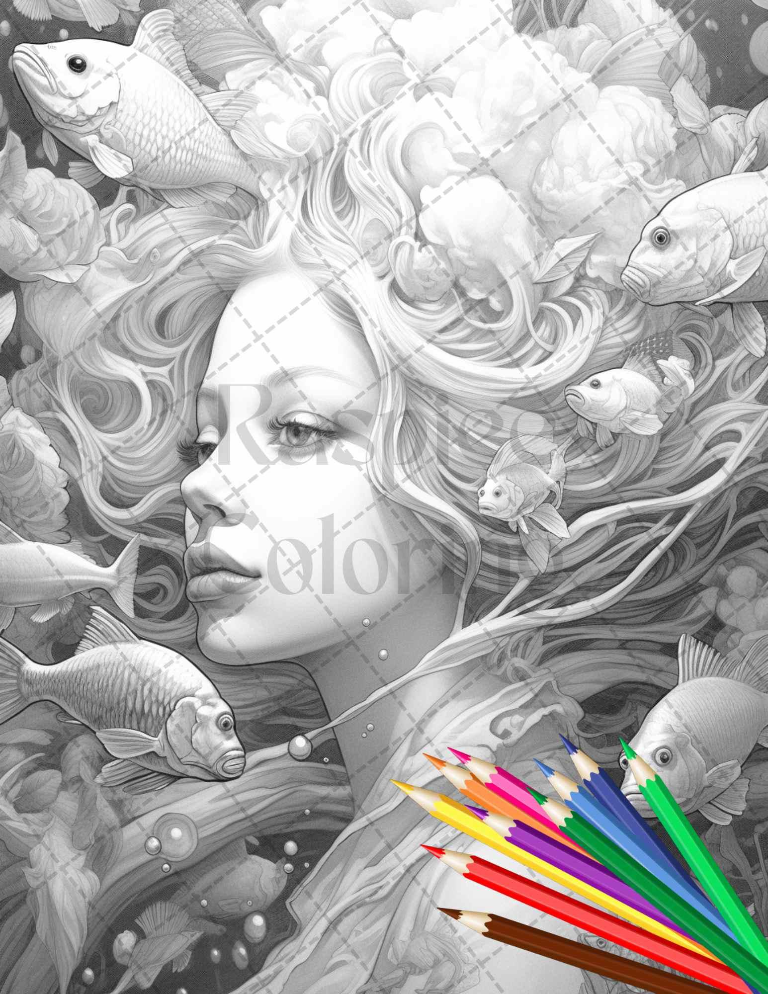 40 Enchanted Mermaid Grayscale Coloring Pages Printable for Adults, PDF File Instant Download