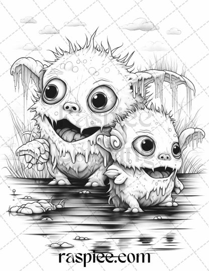 40 Halloween Creepy Kawaii Grayscale Coloring Pages for Adults and Kids, Printable PDF File Instant Download