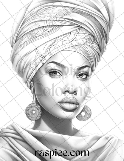 40 Beautiful African Women Grayscale Coloring Pages Printable for Adults, PDF File Instant Download