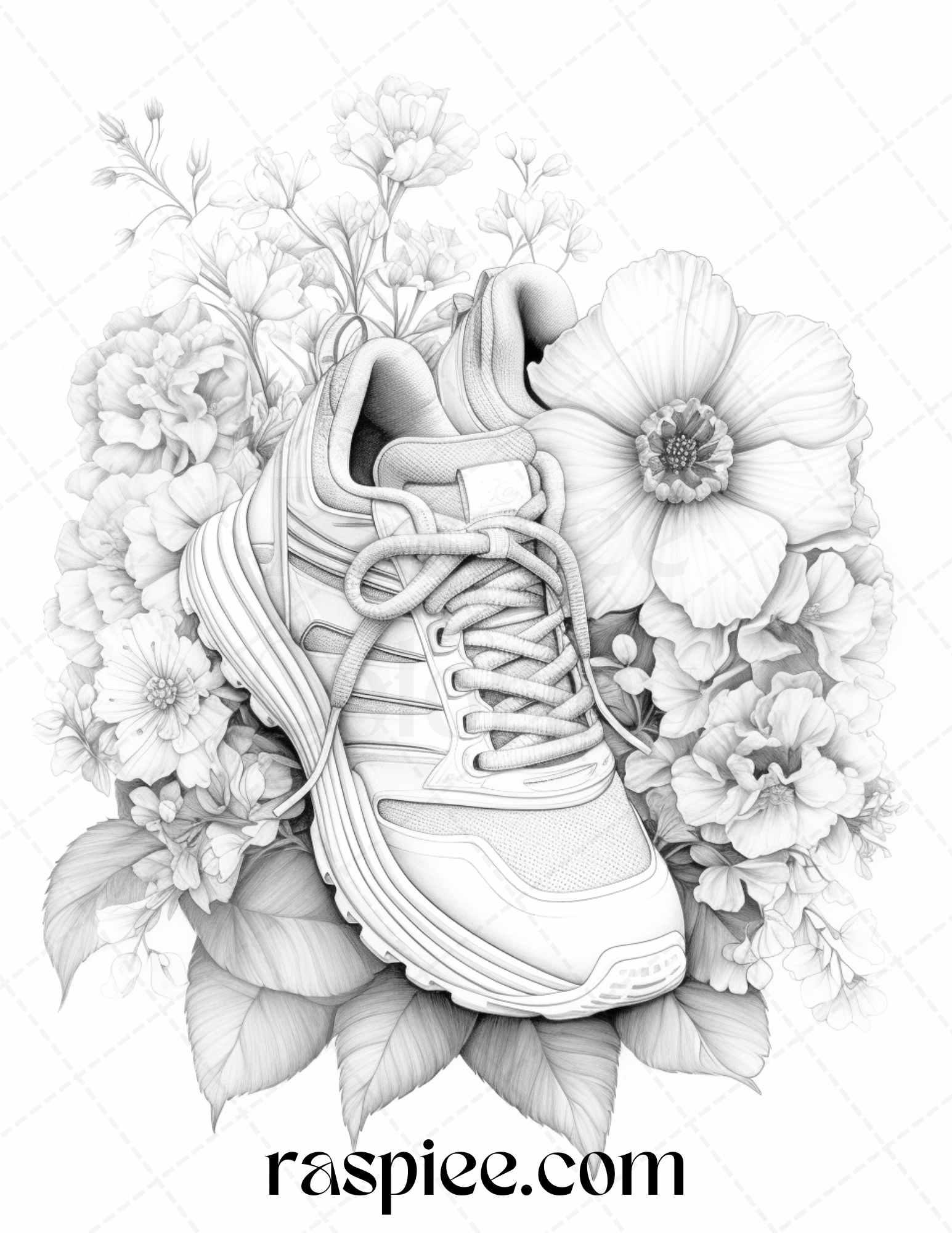 40 Flower Sneakers Grayscale Coloring Pages Printable for Adults, PDF File Instant Download