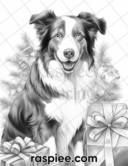 45 Christmas Dogs Grayscale Coloring Pages for Adults, Printable PDF Instant Download