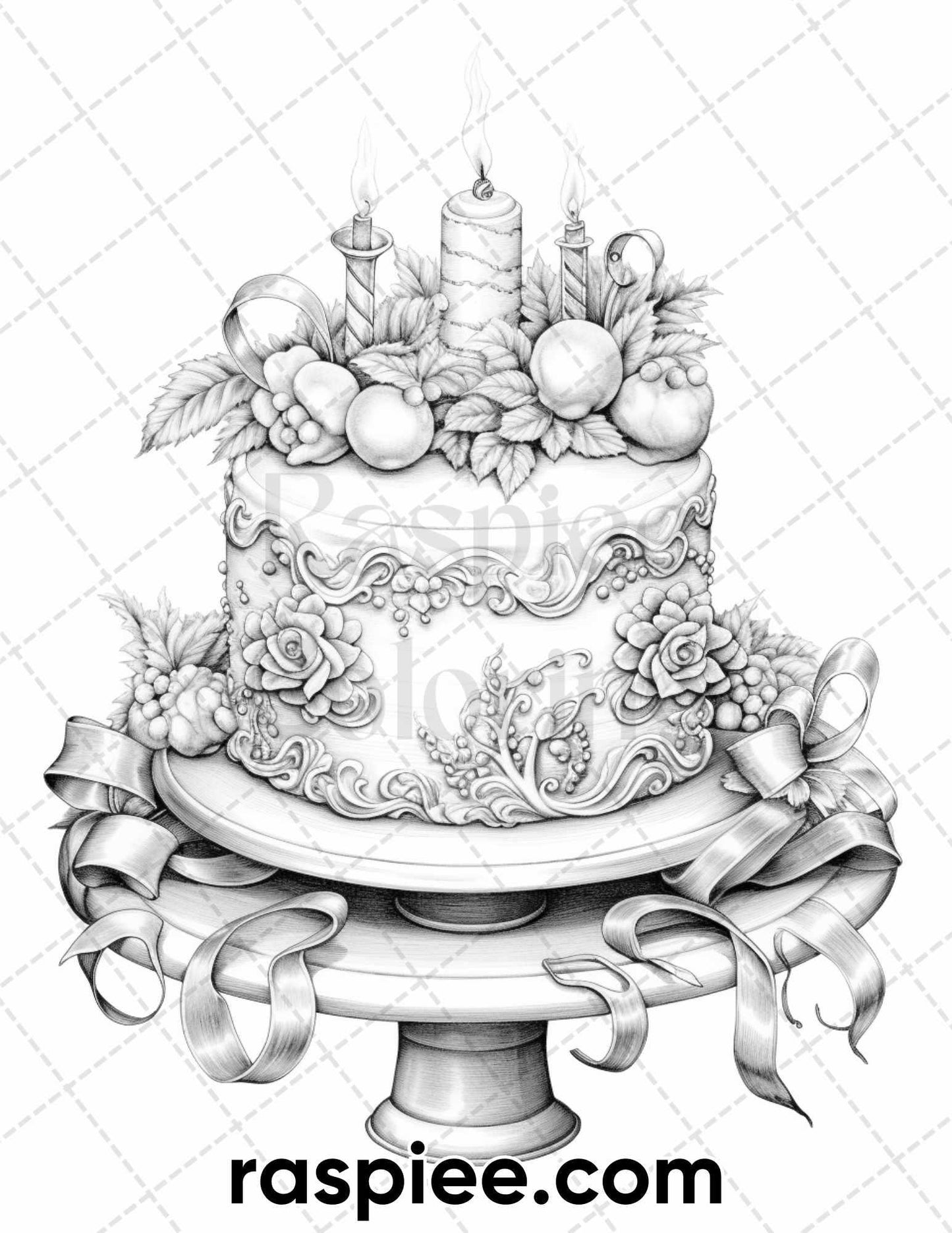 45 Christmas Cakes Grayscale Coloring Pages for Adults, Printable PDF File Instant Download